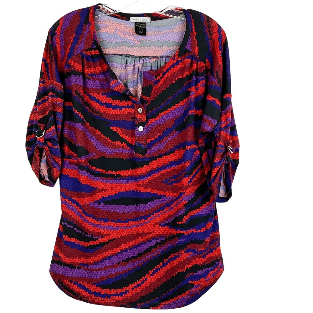 Kate & Henry Blouse Small Top Purple Red Tab Stretch Pullover 3/4 Flowy Sleeves